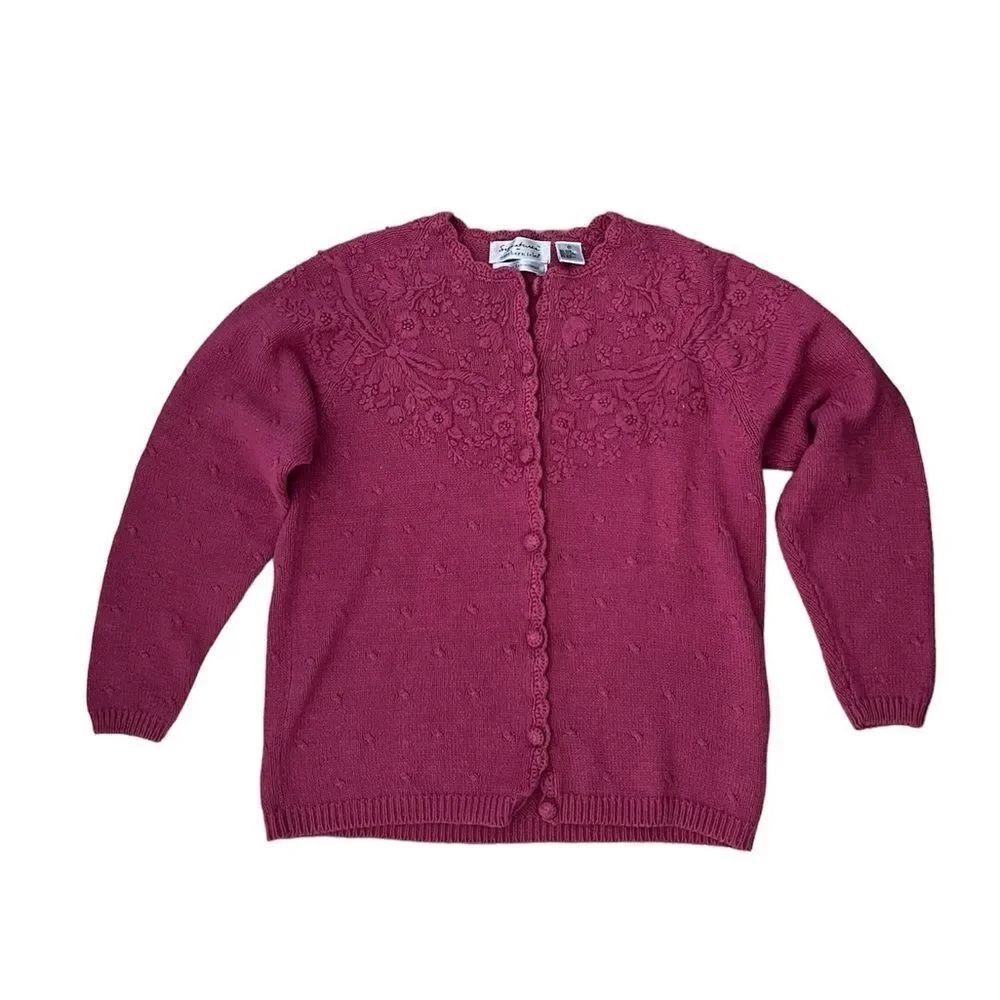 Vintage 90’s Hand Knitted North Isle Cardigan Sweater Floral Pink Size M
